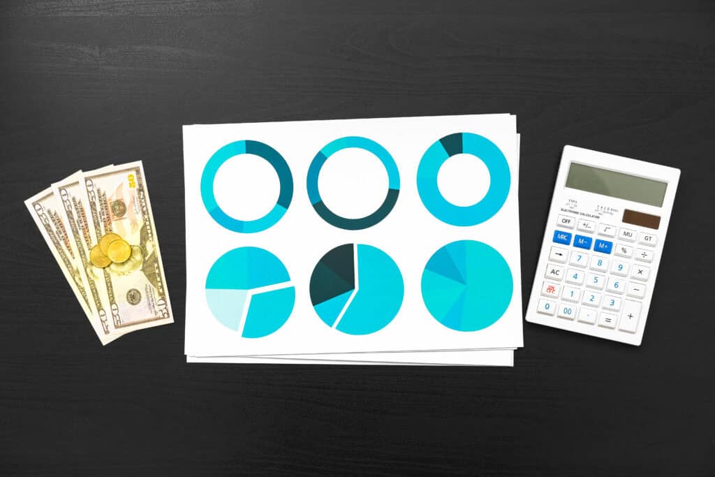 Top view photo of table with financial papers and calculator
